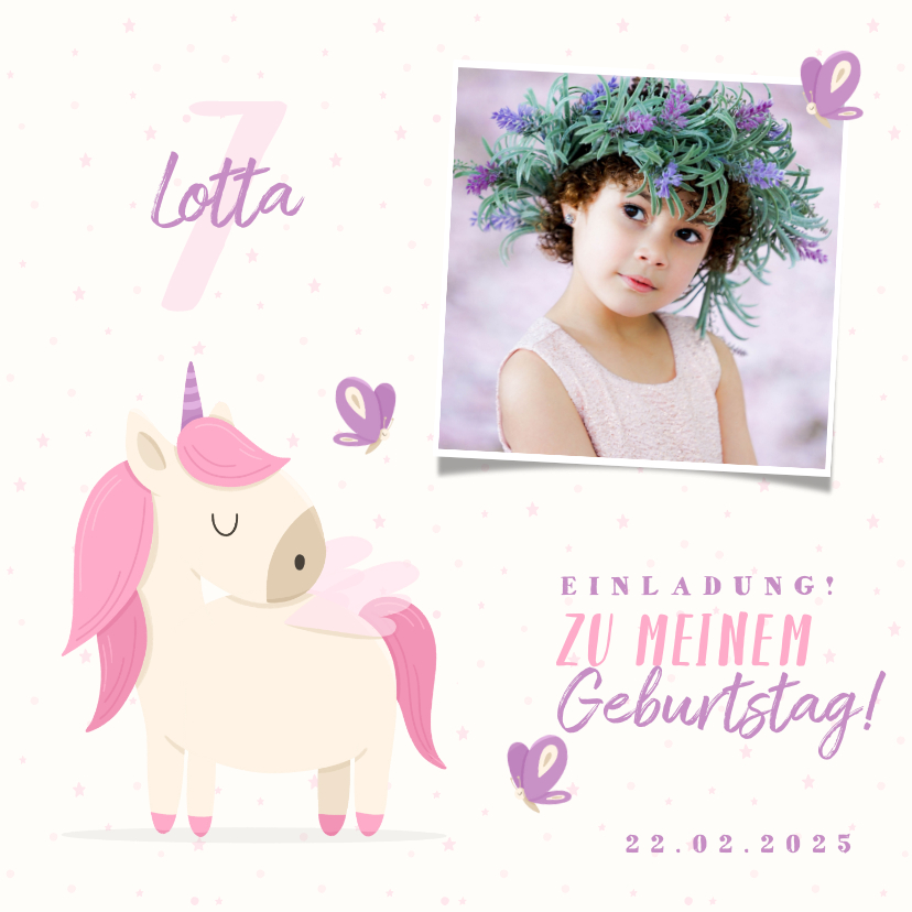 Kindergeburtstag - Einladungskarte 7. Kindergeburtstag eigenes Foto und Einhorn