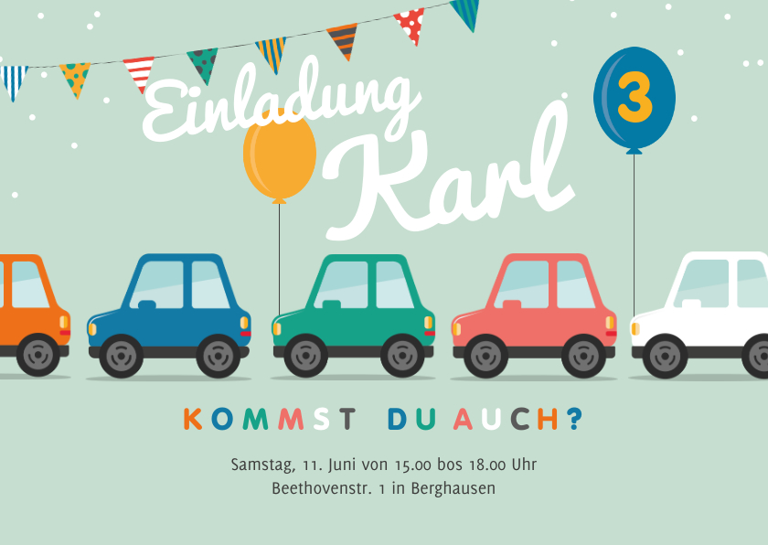 Kindergeburtstag - Einladungskarte bunte Autos 3. Geburtstag