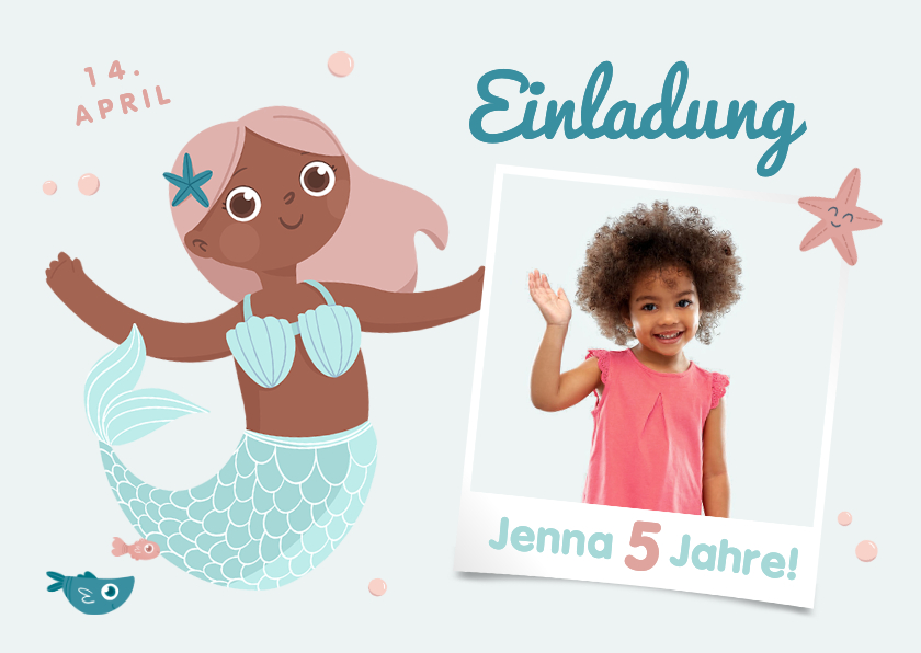 Kindergeburtstag - Einladungskarte Meerjungfrau mit Foto 5. Kindergeburtstag 