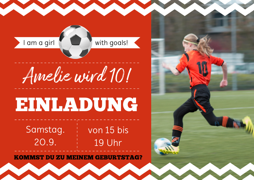 Kindergeburtstag - Einladungskarte zum Fußballgeburtstag Mädchen 10 Jahre