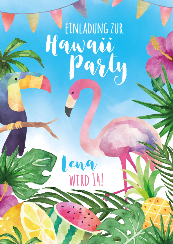 Kindergeburtstag - Einladungskarte zur Hawaiiparty 14. Geburtstag