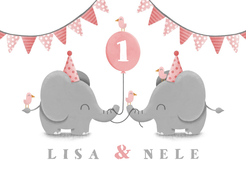 Kindergeburtstag - Einladungskarte Zwillinge rosa Elefanten mit Luftballon