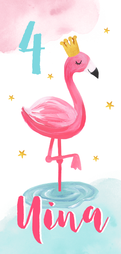 Kindergeburtstag - Flamingo-Einladungskarte zum 4. Kindergeburtstag