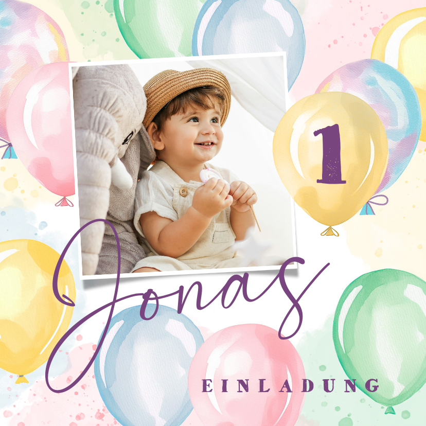 Kindergeburtstag - Foto-Einladung 1. Geburtstag bunte Luftballons Aquarell