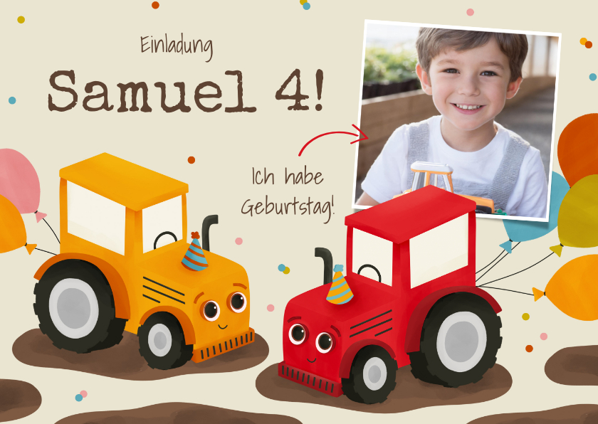 Kindergeburtstag - Foto-Einladung 4. Kindergeburtstag Traktor-Duo