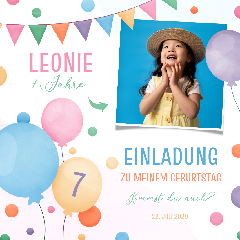 Kindergeburtstag - Foto-Einladung 7. Kindergeburtstag fröhliche Luftballons