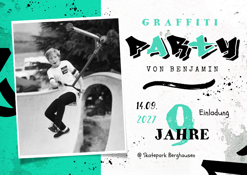 Kindergeburtstag - Foto-Einladungskarte 9. Geburtstag Graffiti 