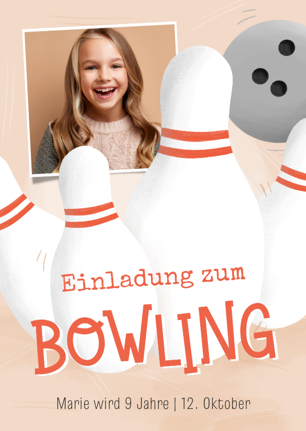 Kindergeburtstag - Foto-Einladungskarte Bowling 9. Kindergeburtstag