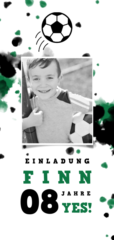 Kindergeburtstag - Fußball-Einladung 8. Geburtstag mit Foto und Farbspritzern