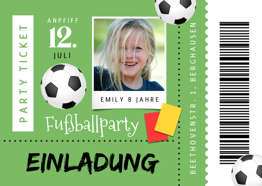 Kindergeburtstag - Fußball-Einladung Partyticket mit Foto 12. Kindergeburtstag