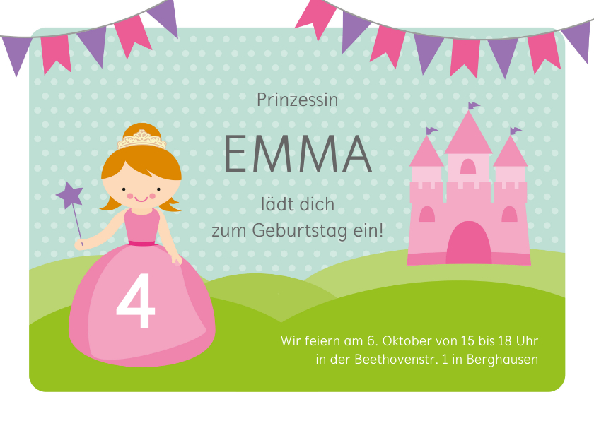 Kindergeburtstag - Geburtstagseinladung mit Prinzessin und Schloss 4 Jahre