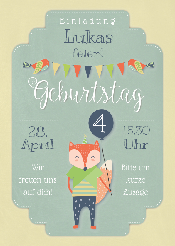 Kindergeburtstag - Grüne Einladungskarte 4. Kindergeburtstag kleiner Fuchs