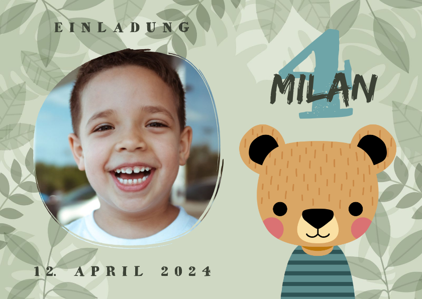 Kindergeburtstag - Kindergeburtstag 4 Jahre Einladung mit Foto und Bär