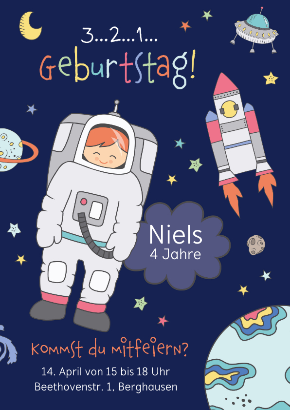 Kindergeburtstag - Kindergeburtstag Einladung Astronaut im Weltall 4 Jahre