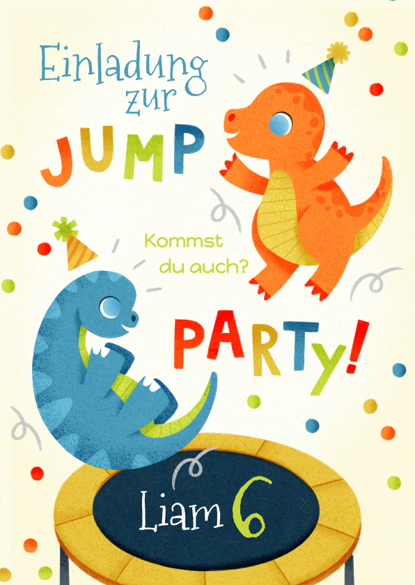 Kindergeburtstag - Kindergeburtstag Einladung Dinos auf Trampolin 6. Geburtstag