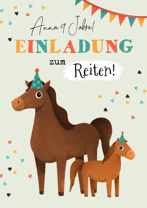 Kindergeburtstag - Kindergeburtstag-Einladung zum Reiten lustige Pferde 9 Jahre