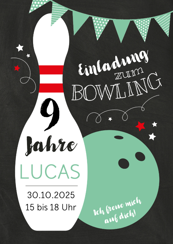 Kindergeburtstag - Kindergeburtstagseinladung Bowling grün 9 Jahre