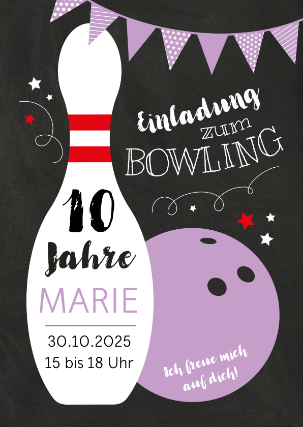 Kindergeburtstag -  Kindergeburtstagseinladung Bowling lila 10 Jahre