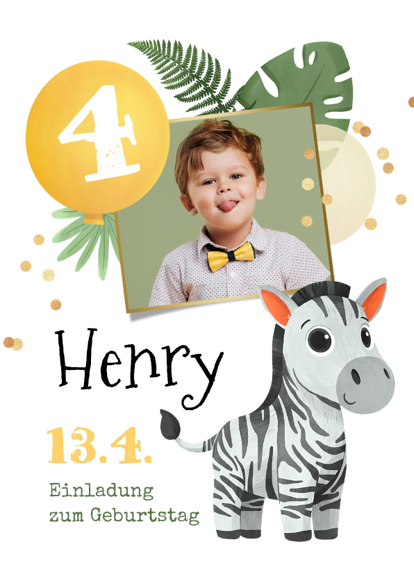 Kindergeburtstag - Kindergeburtstagseinladung Foto & Zebra 4. Geburtstag