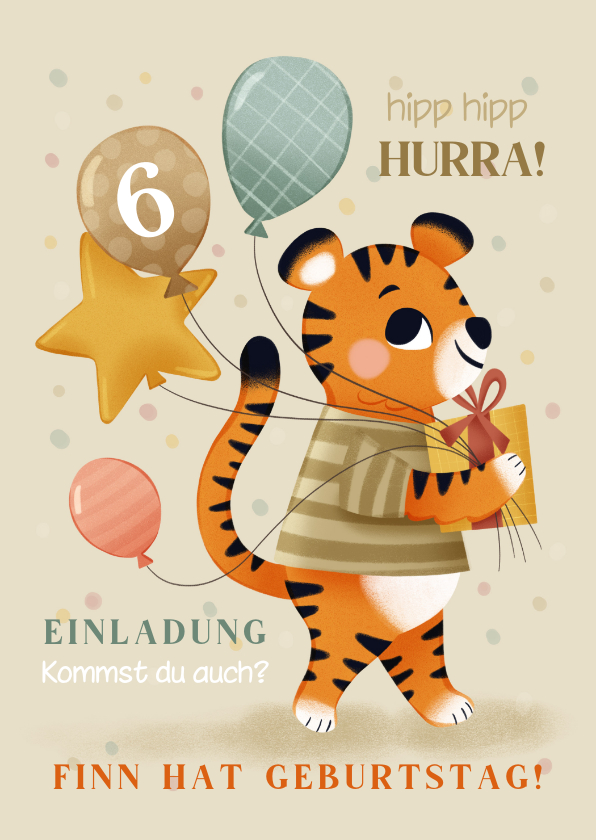 Kindergeburtstag - Kindergeburtstagseinladung Tiger mit Luftballons 6 Jahre