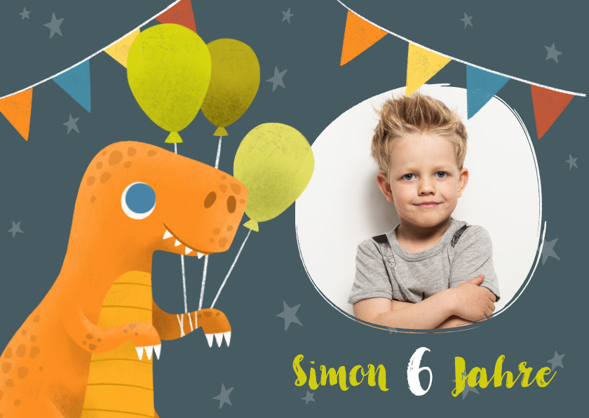 Kindergeburtstag - Lustige Dino-Einladung zum 6. Kindergeburtstag mit Foto