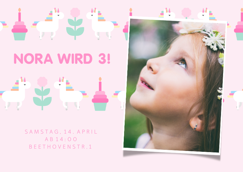 Kindergeburtstag - Rosa Einladung mit Foto, Einhorn und Cupcakes 3 Jahre