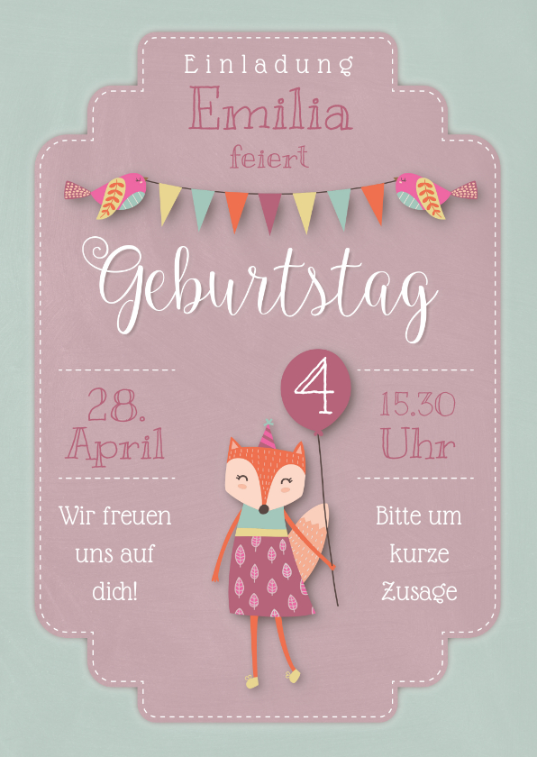 Kindergeburtstag - Rosa Einladungskarte 4. Kindergeburtstag kleiner Fuchs