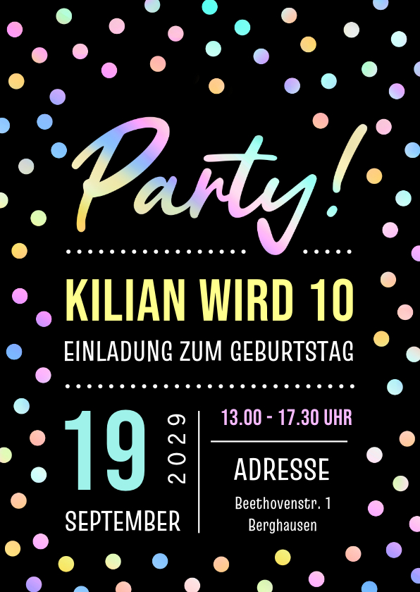 Kindergeburtstag - Schwarze Partyeinladung bunte Konfetti 10. Kindergeburtstag