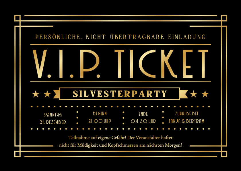 Neujahrskarten - Einladung Silvesterparty V.I.P.-Ticket schwarz-gold