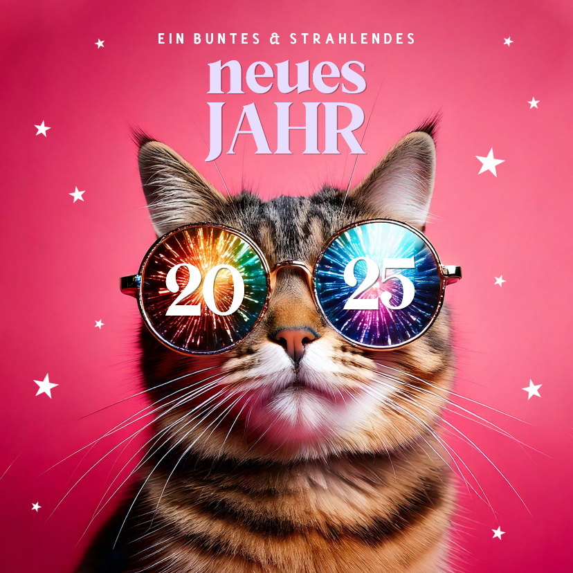 Neujahrskarten - Neujahrskarte Katze mit Feuerwerk-Sonnenbrille