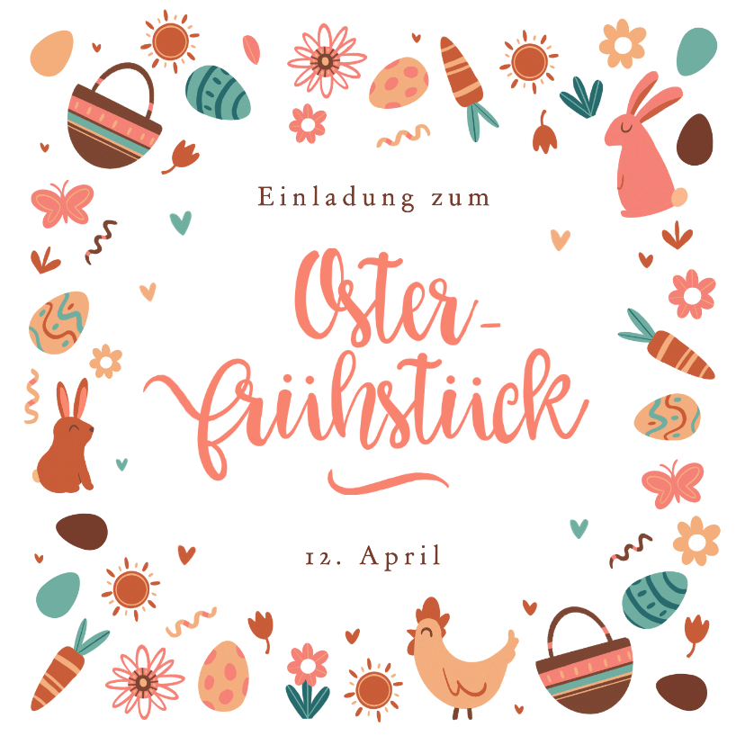 Osterkarten - Einladungskarte Osterfrühstück bunte Ostersymbole