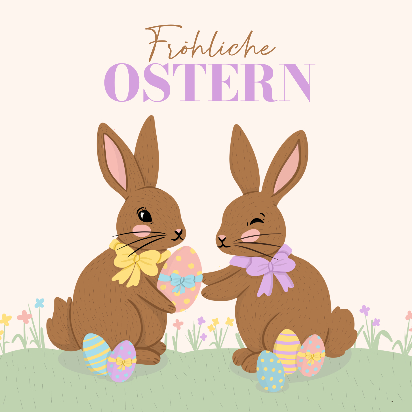 Osterkarten - Ostergrußkarte Osterhasen mit Schleife und Ostereiern