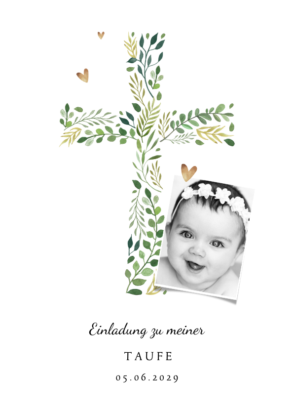 Taufkarten - Einladung zur Taufe botanisches Kreuz und Foto