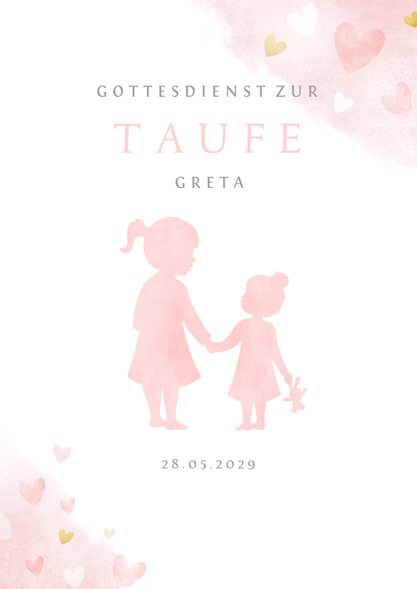 Taufkarten - Kirchenheft Taufe rosa Silhouette kleine & große Schwester