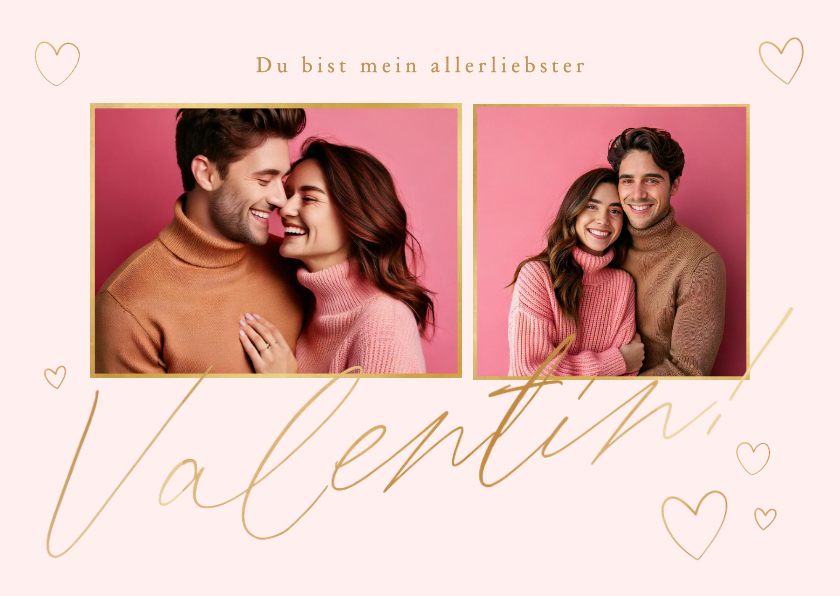 Valentinskarten - Valentinskarte Fotocollage mit goldenen Herzen auf rosa