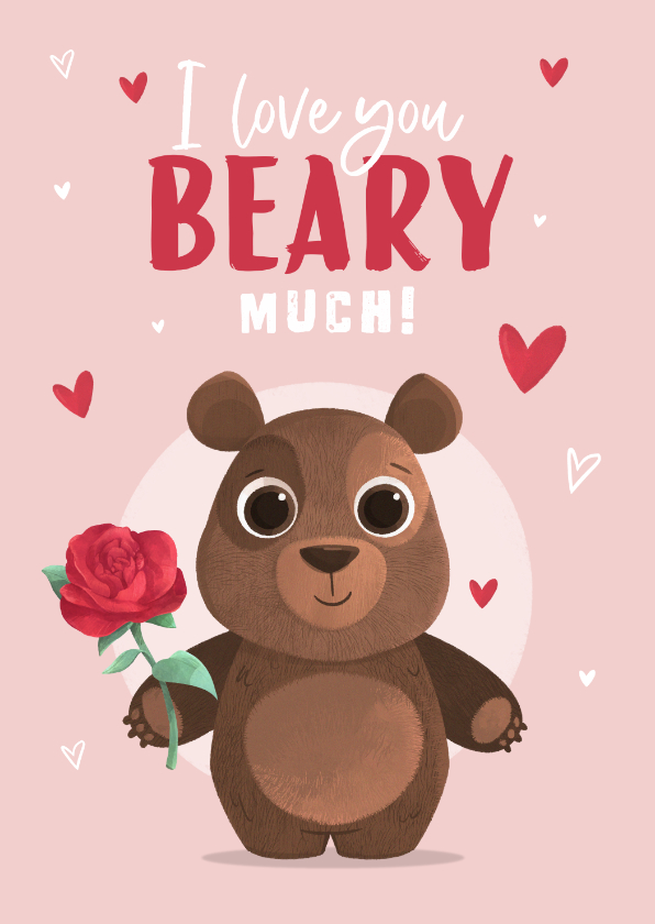 Valentinskarten - Valentinskarte mit Bär, Herzen und Rosen