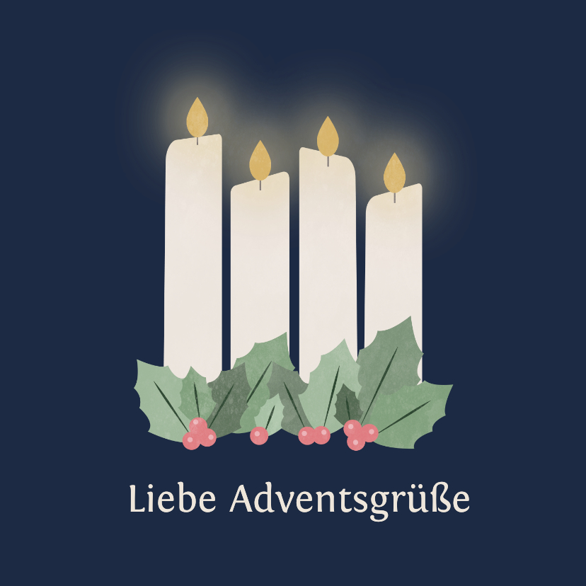 Weihnachtskarten - Adventsgrußkarte in Blau 4 weiße Kerzen & Ilexzweige