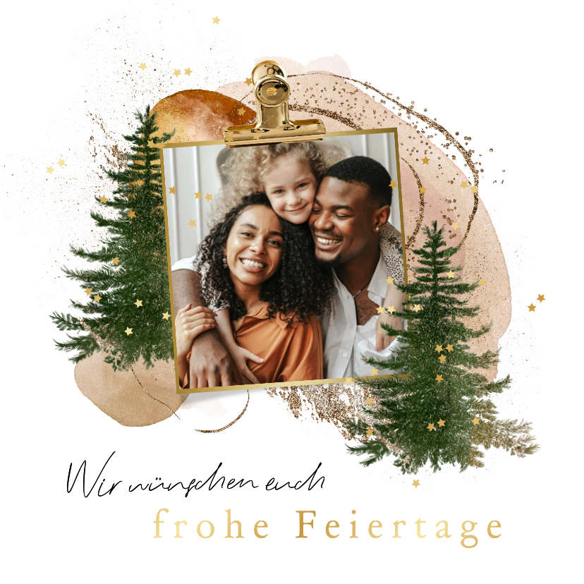 Weihnachtskarten - Aquarell-Weihnachtskarte mit Foto und Tannenbäumen Boho