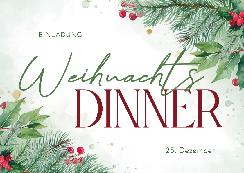 Weihnachtskarten - Einladungskarte Weihnachtsdinner Tannenzweige und Beeren