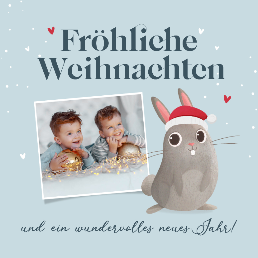 Weihnachtskarten - Foto-Weihnachtskarte Kaninchen Weihnachtsmütze Kinder