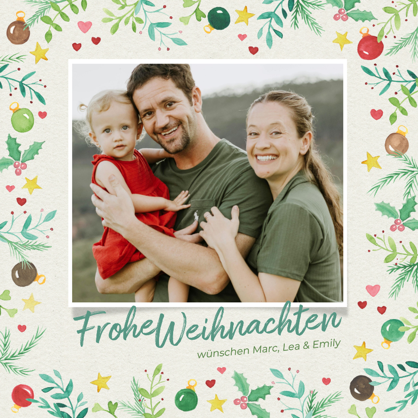 Weihnachtskarten - Foto-Weihnachtskarte Weihnachtszweige & Kugeln