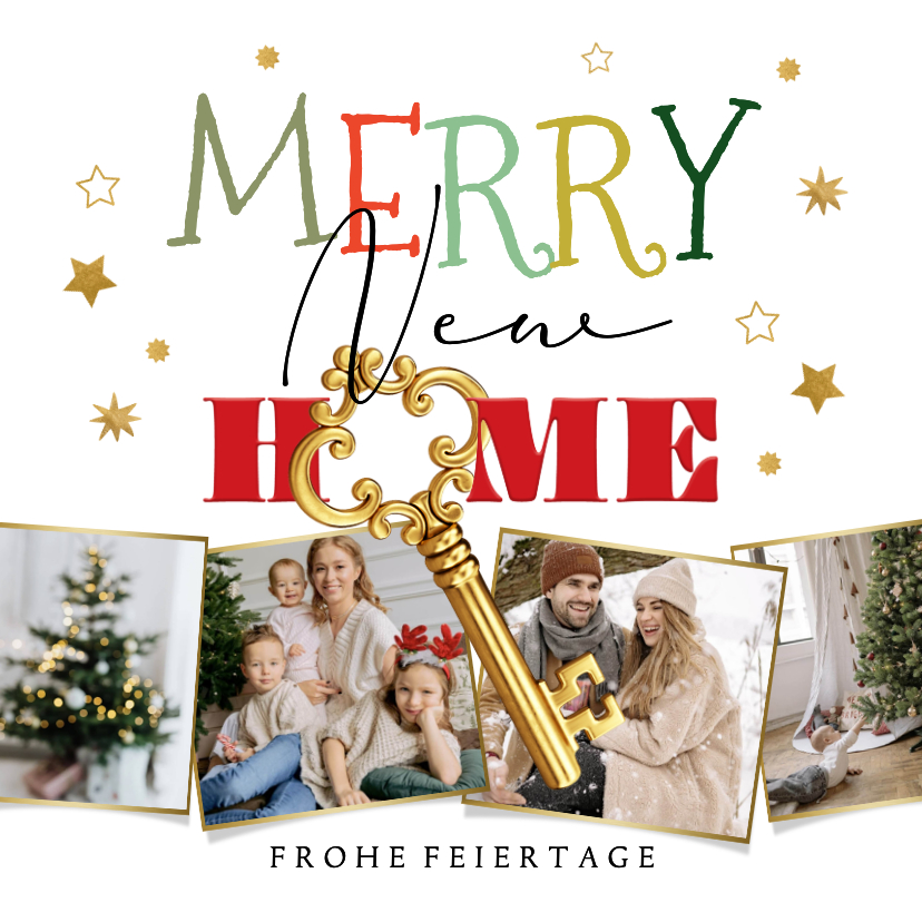 Weihnachtskarten - Fotogrußkarte 'Merry New Home' Schlüssel & Fotocollage