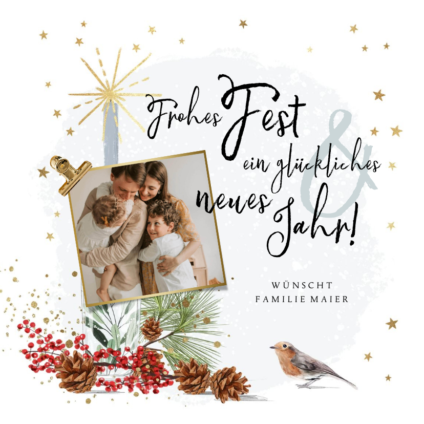 Weihnachtskarten - Fotokarte 'Frohes Fest' mit weihnachtlicher Illustration
