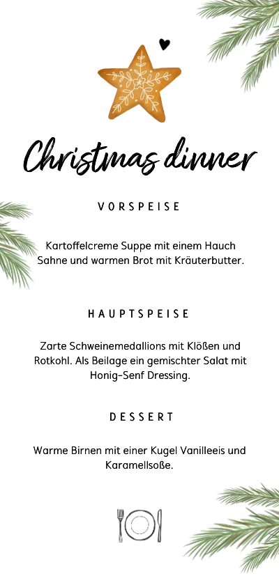 Weihnachtskarten - Menükarte Weihnachtsessen mit Stern und Zweigen