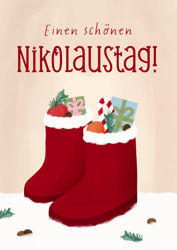 Weihnachtskarten - Nikolauskarte Stiefel im Schnee & Geschenke