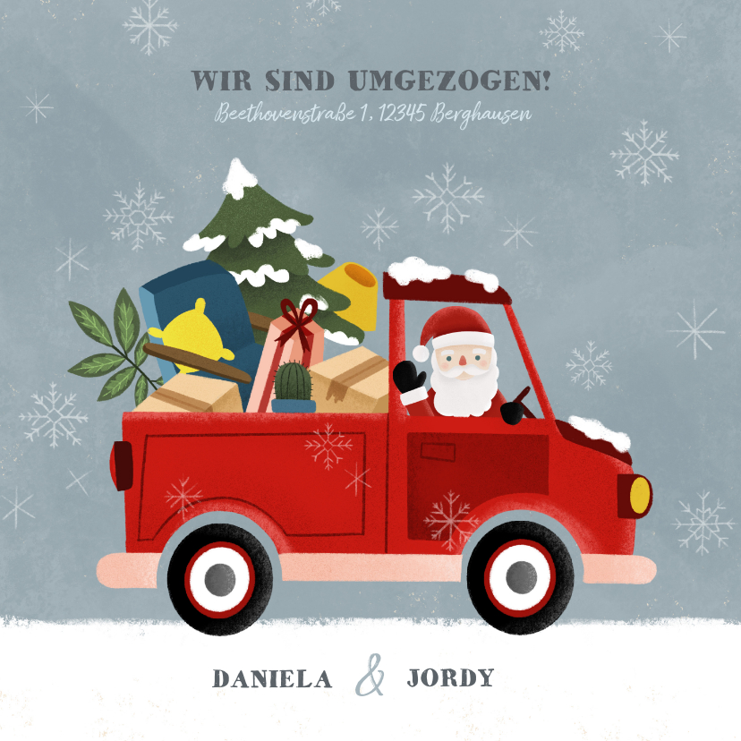 Weihnachtskarten - Umzugskarte Weihnachten Weihnachtsmann im Auto