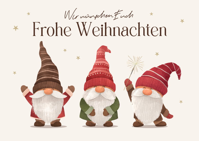 Weihnachtskarten - Weihnachtskarte Grüße 3 Wichtel mit Mütze