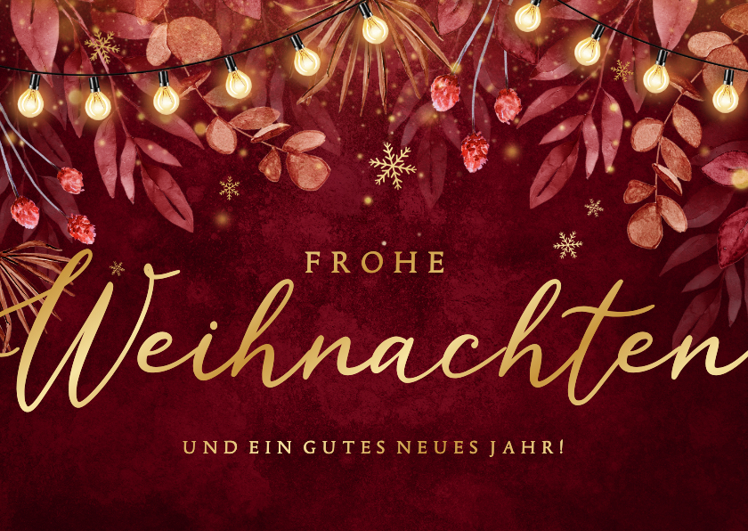 Weihnachtskarten - Weihnachtskarte Lichterkette & Zweige dunkelrot Aquarell