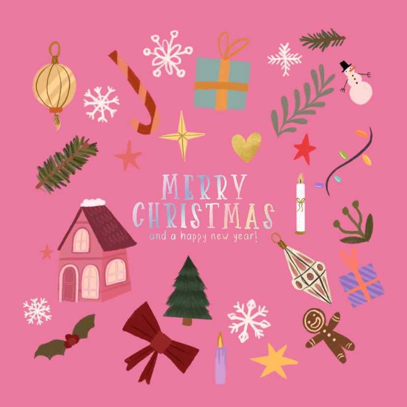 Weihnachtskarten - Weihnachtskarte pink bunte Ornamente 