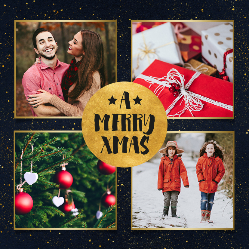 Weihnachtskarten - Weihnachtskarte schwarz vier Fotos und schwarze Goldkonfetti